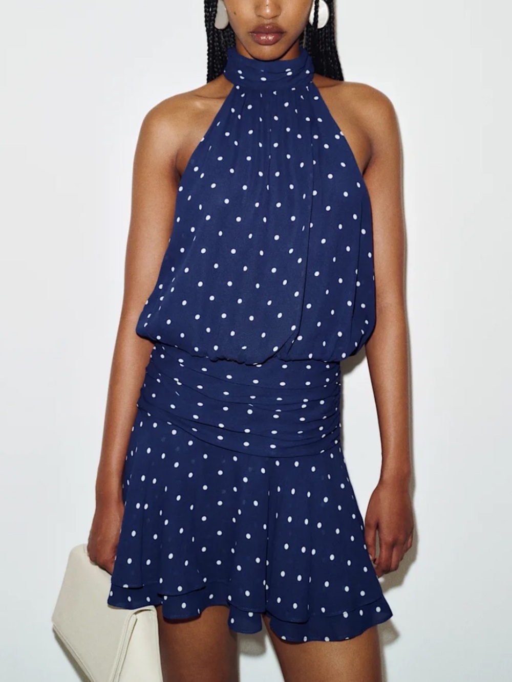 Reformation Navy and White Polka Dot Halter Mini Dress